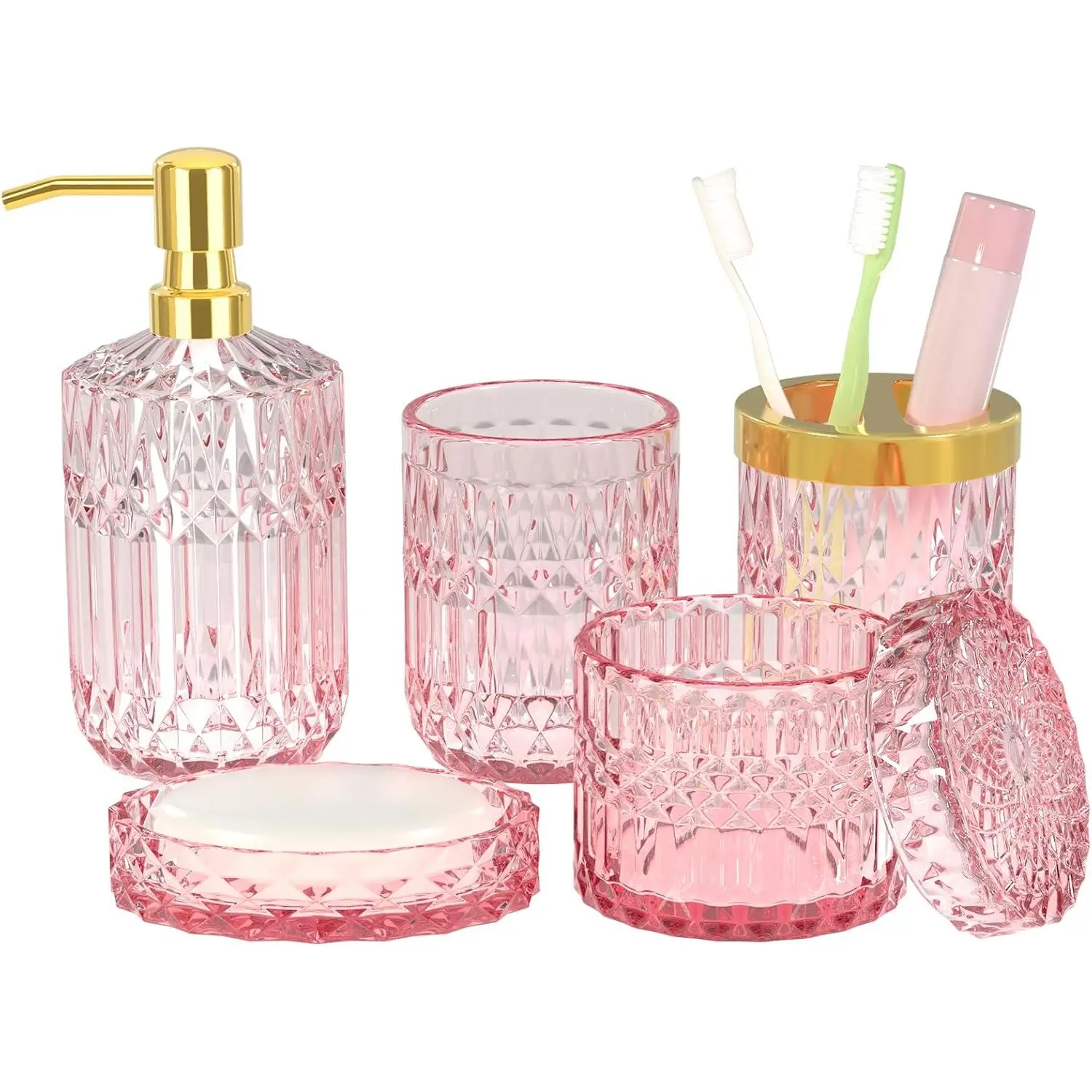 Pink Transparent Glass 5-Piece Bathroom Decor Set - Bottle Dispenser Bathroom Accessory Set with Lotion Soap Dispenser, Soap Dish, Glass Cup, Cotton Swab Holder, Toothbrush Holder, Modern Vintage Crystal Gift, Bottle Dispenser Bathroom Accessory Sets