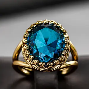 RINGLUX - Huitan Vintage Luxury Gold Color Rings With Big Blue Oval Cubic Zirconia For Women Wedding Party Engagement Noble Accessories