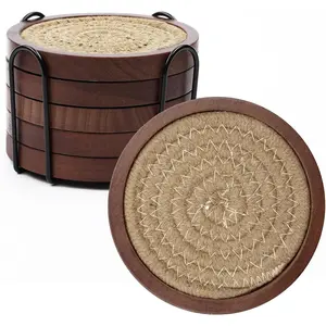 5 Pack Wooden Coasters with Holder for Coffee Table Decor, Absorbent for Kinds of Cups, 4.3 Inches
