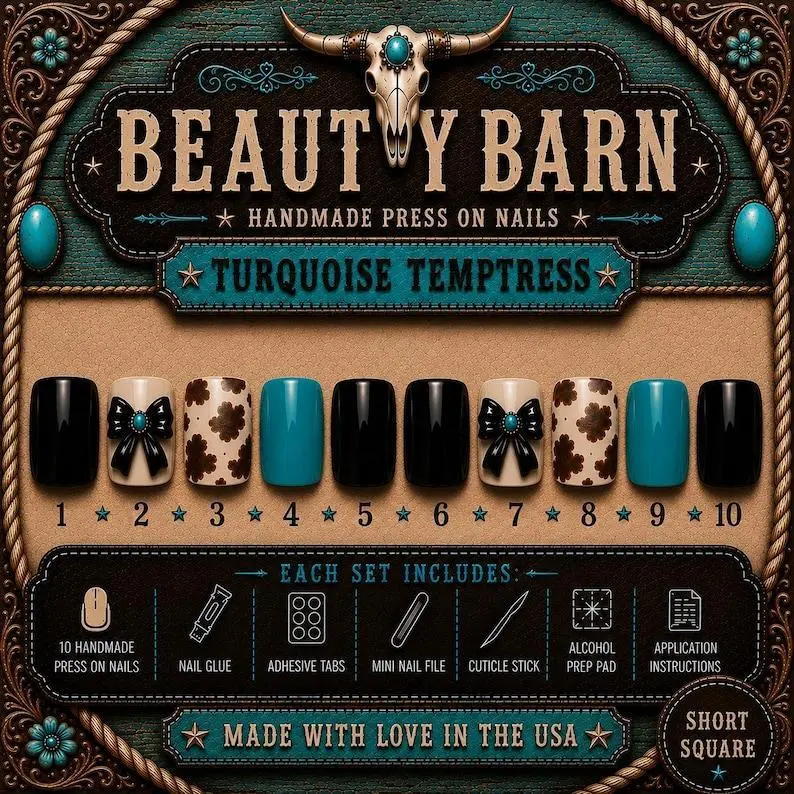 Western Press On Nails 3D Cow Print Bow Cowgirl Y2K