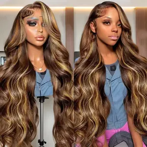 Highlight 13x6 HD Body Wave Lace Front Wigs Human Hair Pre Plucked 180% Density Frontal Wigs for Women 4/27 Highlighted Human Hair Wig