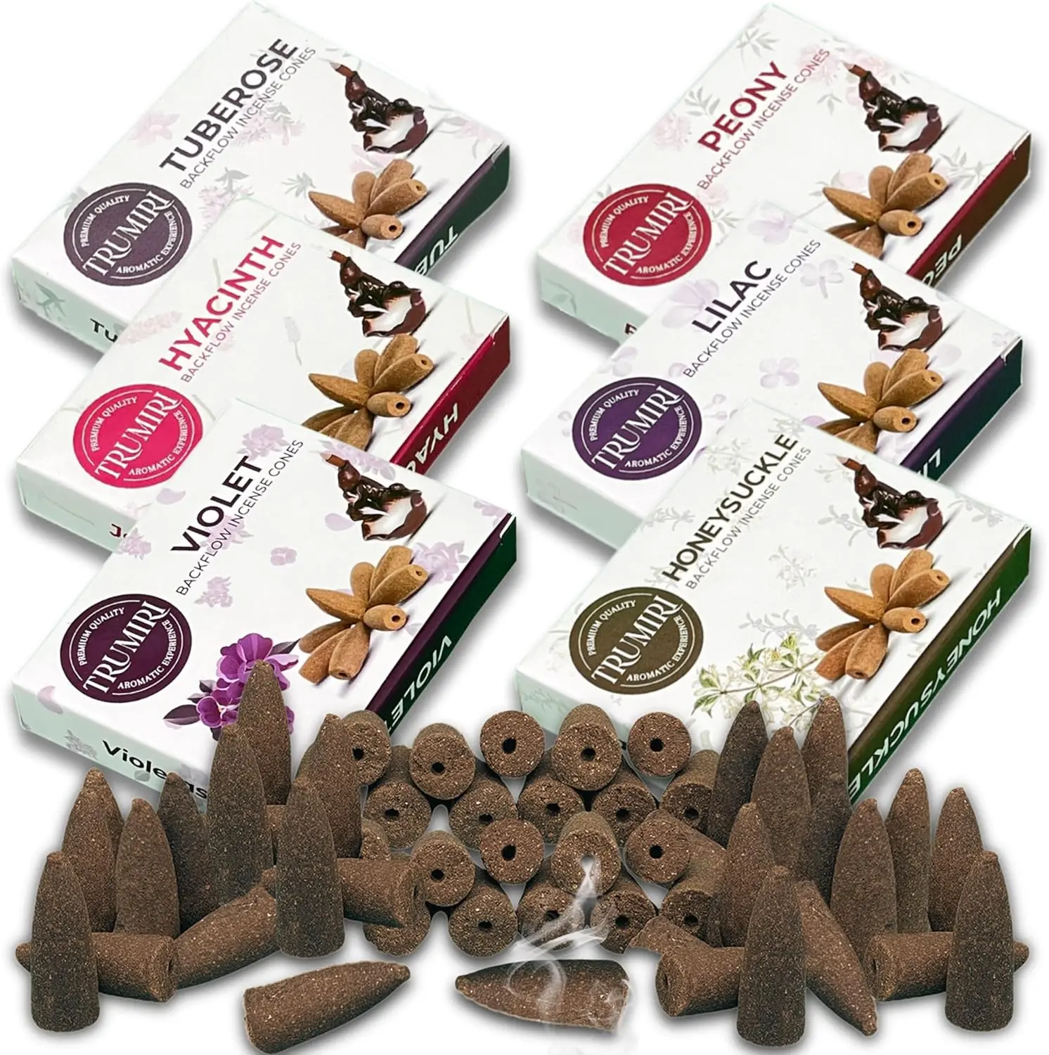 Blossom - Backflow Incense Cones for Waterfall - Scented Inscents-Cones - Peony, Lilac, Hyacinth, Tuberose, Honeysuckle, Violet - Insiensos Aromaticos - 6x10=60 Large Variety Pack