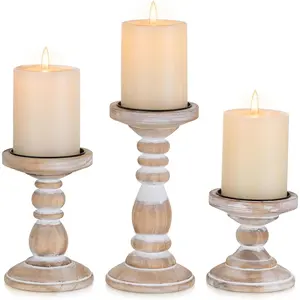 3Pcs Rustic White Distressed Wood Pillar Candle Holders for Pillar Candles, Large Wooden Farmhouse Candle Holder for Fireplace Table Decor