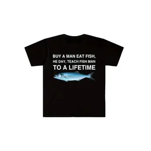 [Funny Shirts] Men'S Funny Fishing Graphic T-Shirt - "Buy a for Man, Eat Fish, He Day, Teach Fish for Man to a Lifetime" - Casual Crew Neck Tee with Fish Design - Perfect for Parties, Travel & Casual Attire - All-Season Comfort Fit, Funny T Shirts