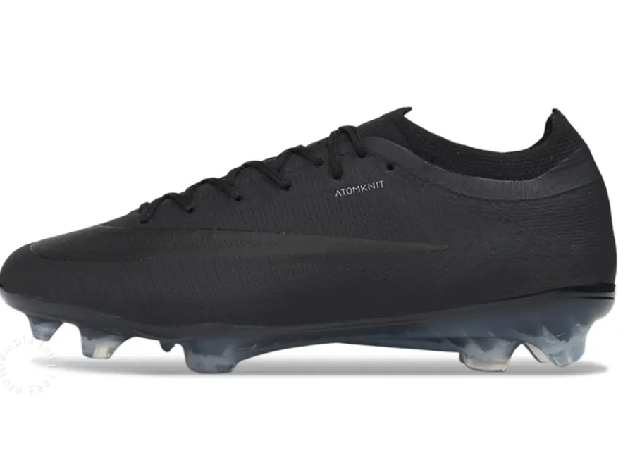 Semi-Transparent Grey Blue Long Stud Anti-Slip Outsole Solid Black Fine Knit Flyknit Low Cut Pro Soccer Cleats, Matte Subtle Texture Lightweight Breathable Speed Wear Resistant Training Boots For Men Women Natural Grass League Match Footwear