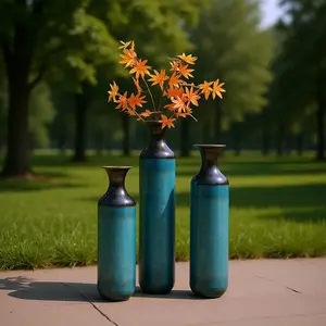 Torch-Fired Metal Vases Set of 3 - Tall Blue Burnt Finish Floor Vases - 28.34"/24.4"/20.4" Rustic Home Decor