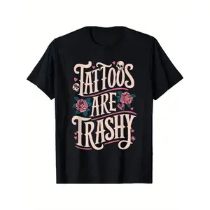 100% Cotton Cotton Unisex T-Shirt |   Casual Round Neck, Geometric Pattern, "Tattoos Are Trashy" Slogan, Breathable Knit Fabric