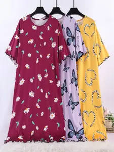 3-Pack Women's Plus Size Summer Nightgowns, Comfortable Elastic Sleepwear, Floral Pattern, Print, Lettuce Hem, Round Neck, Short Sleeve, Casual Loose Fit, Floral Print Nightdress