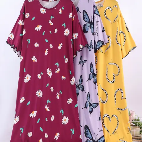 3-Pack Women's Plus Size Summer Nightgowns, Comfortable Elastic Sleepwear, Casual Nightwear, Floral Pattern, Print, Printed Nightgown, Lettuce Hem, Round Neck, Short Sleeve, Casual Loose Fit, Floral Print Nightdress