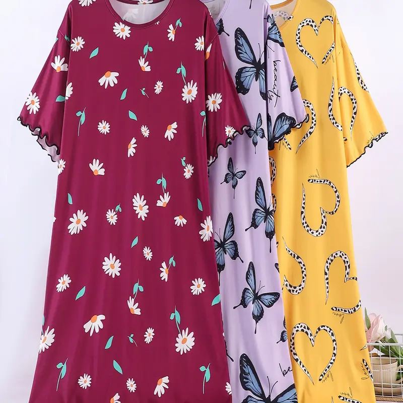 3-Pack Women's Plus Size Summer Nightgowns, Comfortable Elastic Sleepwear, Casual Nightwear, Floral Pattern, Print, Printed Nightgown, Lettuce Hem, Round Neck, Short Sleeve, Casual Loose Fit, Floral Print Nightdress