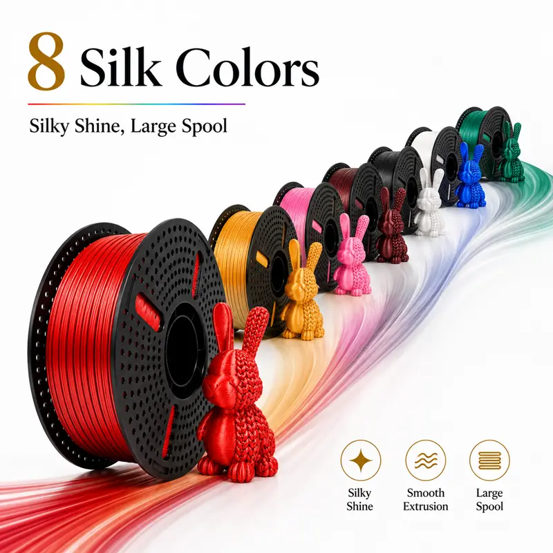 Silk PLA filament, 1.75 mm, 3D printing material for FDM printers; large spool, 1.25 kg, available in eight silk glossy colors with smooth extrusion and low tangling. Suitable for 3D printers, model making, figurine printing, vase decoration, creative gif