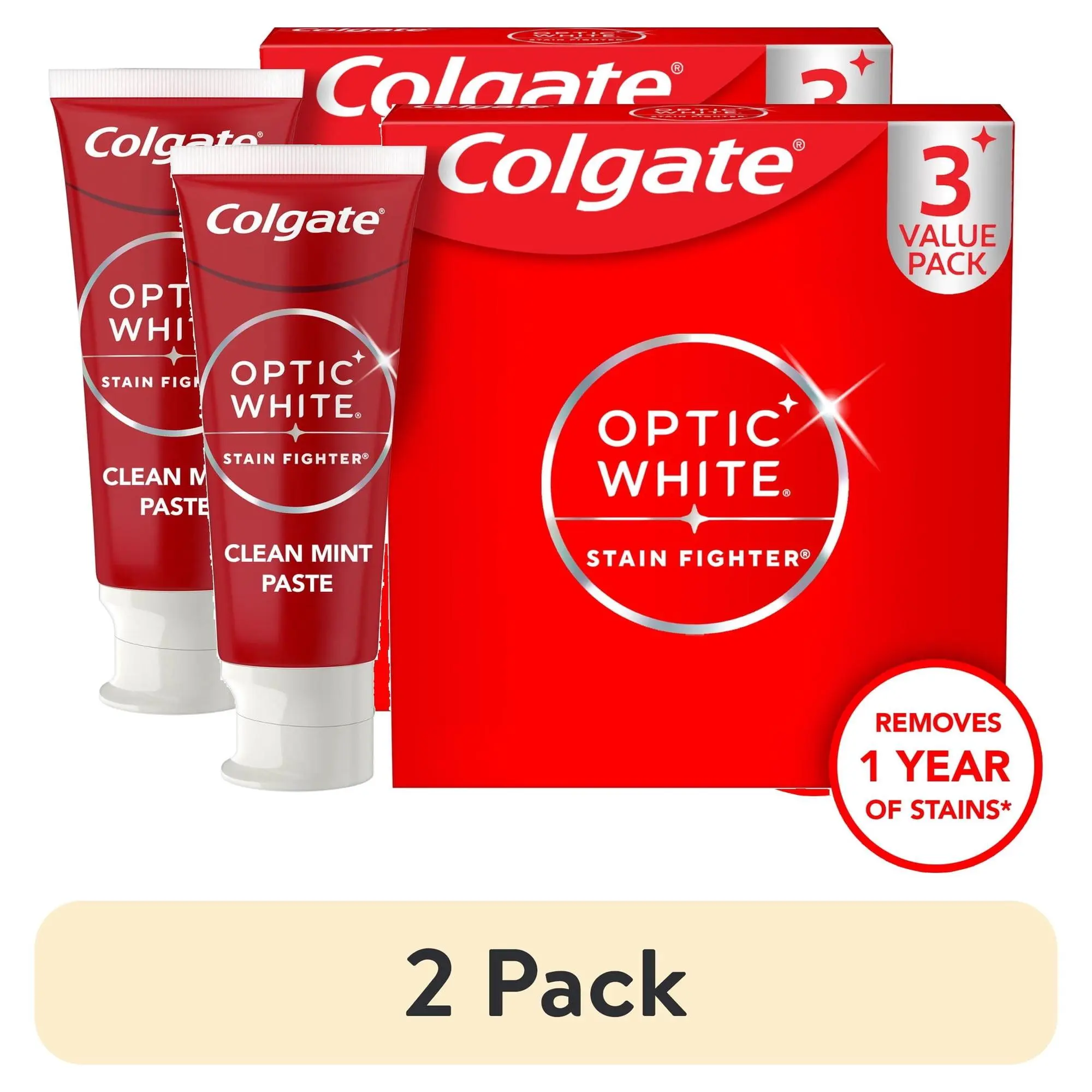 (2 pack) Colgate Optic White Stain Fighter Clean Mint, Teeth Whitening Anticavity Toothpaste, 3 Pack, 3.8 OZ