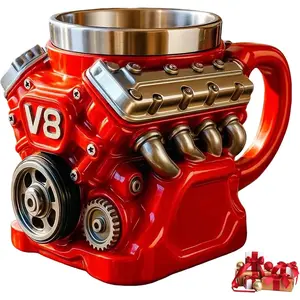 Engine-themed coffee mug, a retro-styled, realistic V8 engine stainless steel mug, a personalized double-walled insulated car mug with a handle, the perfect gift for Father's Day, Christmas, husbands, mechanics, and car enthusiasts.