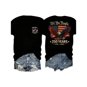 Women's Patriotic T-Shirt, We The People Bald Eagle Double-Sided Graphic, Short Sleeve Cotton Crew Neck Top for 4th of July, Shortsleeve, Round Neck