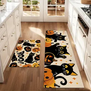2Pcs Halloween Cute Black Cat And Pumpkin Floor Mat Set Cartoon Pattern Rug Farmhouse Kitchen Rug Dining Room Flooring Laundry Room Decor Carpet Mat
