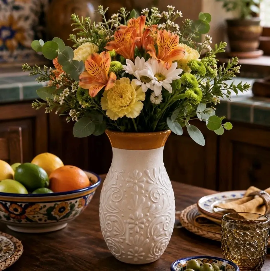 Handmade Talavera Flower Vase | White & Brown Rim
