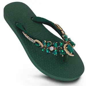 AdDRESSingMe Luxurious Flip Flops With Rhinestones Walking Shoes Women Footwear Summer Flipflop Sandal Green Flip Flop Green Sandals