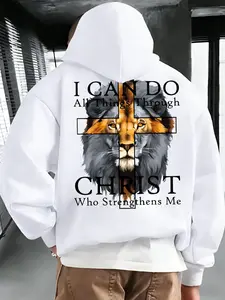 Unisex Vintage Faith Lion Cross Print Hoodie, Loose Comfortable Christian Culture Casual Wear, Daily, Church Gathering, Commute Style