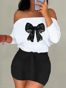 Women's Bow Print Off Shoulder Long Sleeve Top & Skinny Shorts Two-Piece Set, Basic Casual Fashion Cozy Top & Shorts for Daily Outdoor Wear, Ladies Clothes for All Seasons, Suits, Womenswear, Fall outfit, Casual Matching Set, Shorts Sets Outfits