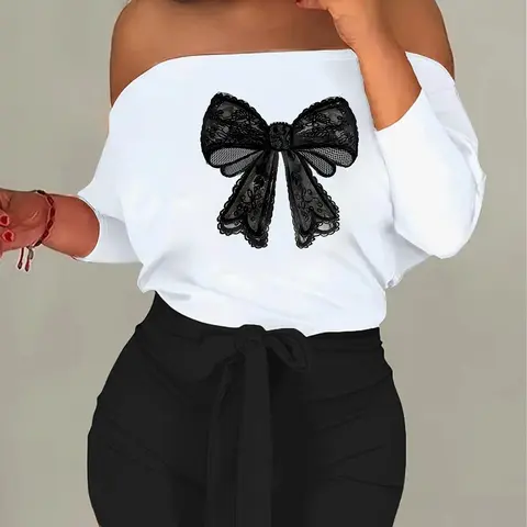 Women's Bow Print Off Shoulder Long Sleeve Top & Skinny Shorts Two-Piece Set, Basic Casual Fashion Cozy Top & Shorts for Daily Outdoor Wear, Ladies Clothes for All Seasons, Suits, Womenswear, Fall outfit, Casual Matching Set, Shortie Set