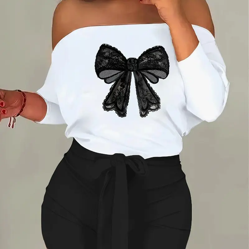 Women's Bow Print Off Shoulder Long Sleeve Top & Skinny Shorts Two-Piece Set, Basic Casual Fashion Cozy Top & Shorts for Daily Outdoor Wear, Ladies Clothes for All Seasons, Suits, Womenswear, Fall outfit, Casual Matching Set, Shortie Set