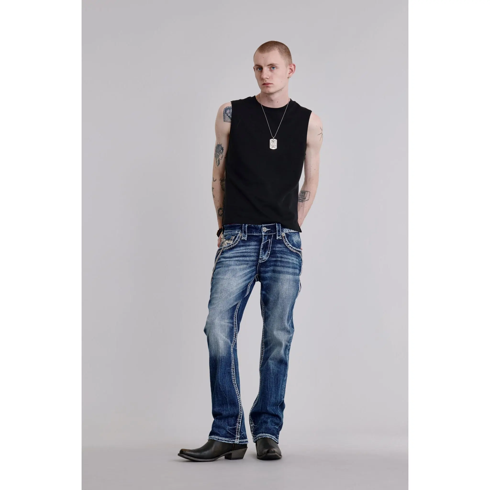Rock Revival Men's Finnley Bootcut Jeans in Indigo Classic Embroidery Leather-Accent Bootcut High-Stretch Reinforced Embellished Decorated Denim Jeans - Casual Menswear Essential Bottoms, Bootcut Men's Jeans, Decorated Men's Jeans