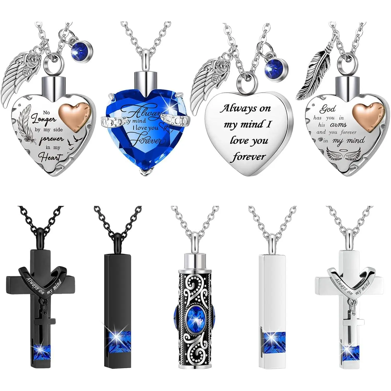 9-Piece Stainless Steel Heart Shaped Necklace with Cross Design Pendant - Cubic Crystal Ashes Urn Locket Keepsake Cremation Jewelry for Loved Ones, 9 Styles