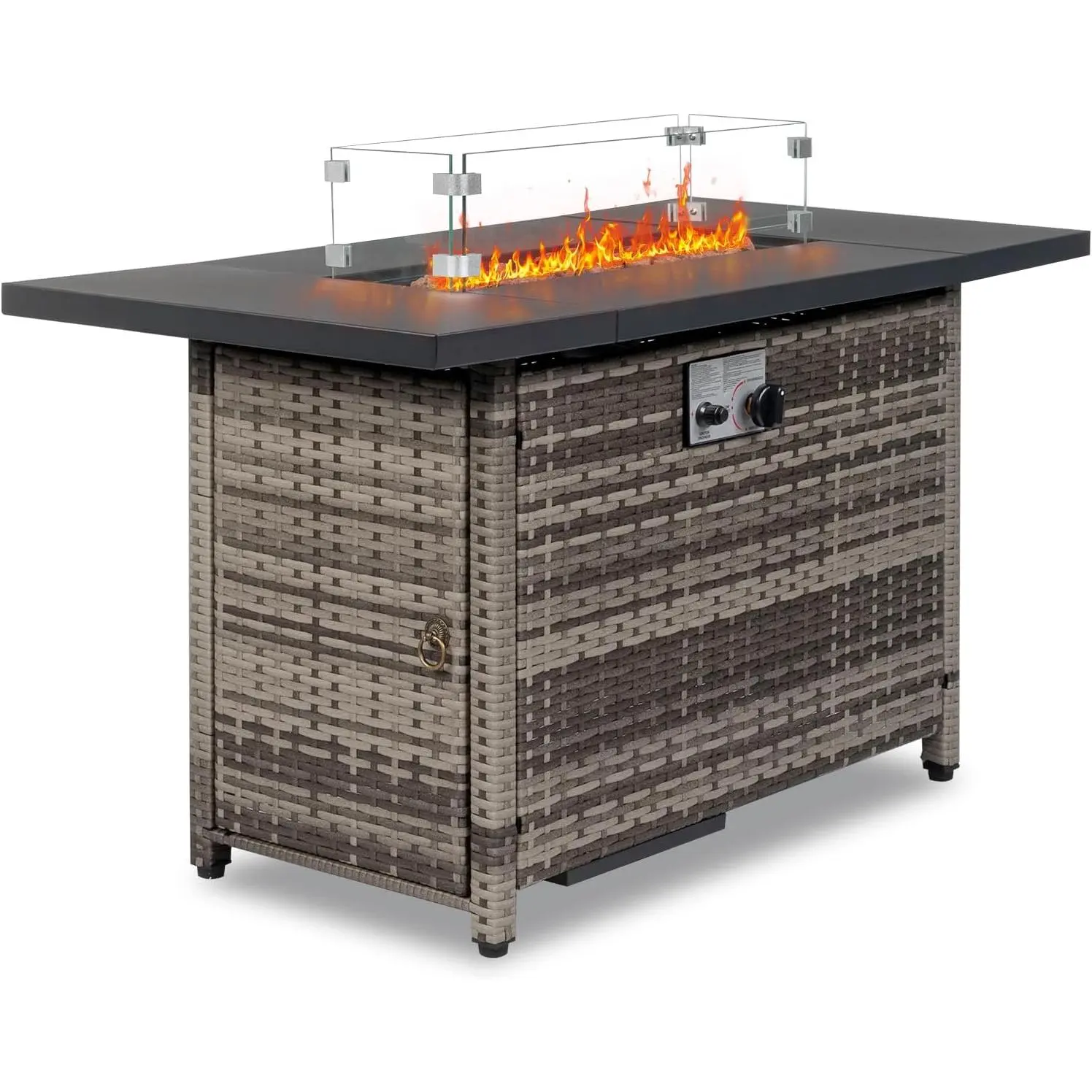 43 in Gas Firepit Table - 50,000 BTU Outdoor Propane Gas Flame Pit, Rattan Finish, Spliced Metal Tabletop, Lava Rock, Rain Cover, Windshield, Multi-Use Table for Patio, Garden Party, Campfire/BBQ Party - Grey