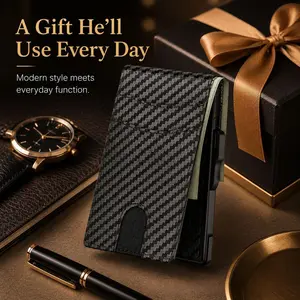 Umoven Wallet for Men Carbon Fiber Pattern Aluminum Pop Up Card Case RFID Blocking Minimalist Front Pocket Leather Wallet Secure Cash Clip Multi Credit Card Slots Quick Access ID Window EDC Daily Carry Gift For Him