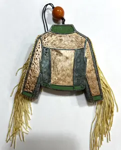Gold & Green Jacket Car Freshie with Fringe Hand Painted Aroma Beads Pineapple Cilantro Fragrance 4-1/2"x4-1/2" 3/4" Thick Decorative Acrylic Bead for Hanging