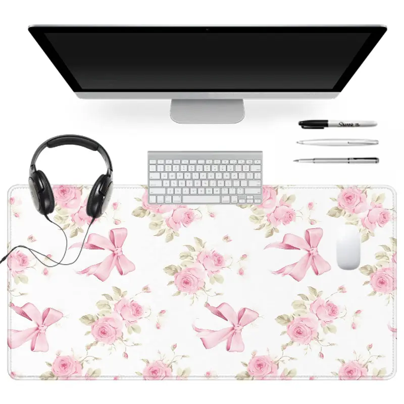 Extra Large Floral Pink Bow Mouse Pad Flower Pattern Gaming Mouse Pad 35x16 Inch Computer Keyboard Mousepad Suitable for Families, Offices and Schools. Perfect Gift for Family Members and Friends Desk Accessories Mouse Pad Cute Desk Mat Cute