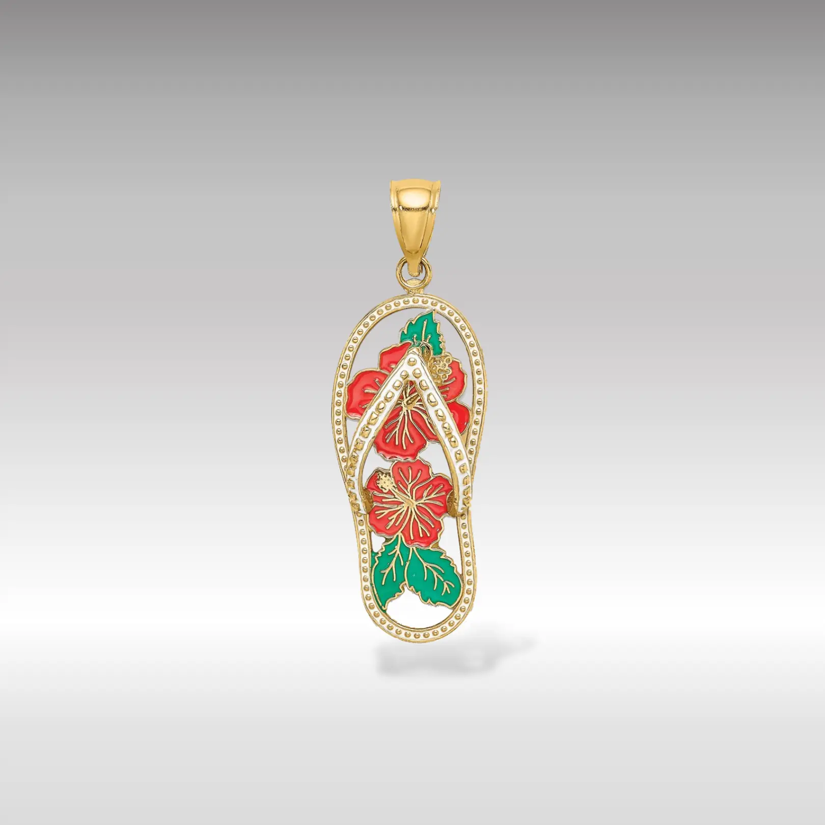 14K Gold Enamel Red Hibiscus Flower Flip-Flop Pendant