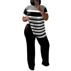 Plus Size Women 2 Piece Loungewear Sets Summervibes' Striped Short Sleeve Top & High Waist Pants Comfy Sleep Sets
