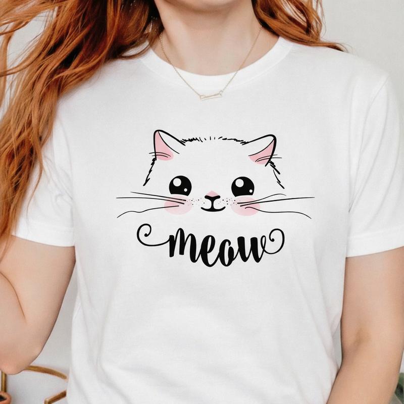 Meow Cat Graphic T Shirt for Cat Lovers, Cute Minimal Cat Face Design Tee, Funny Aesthetic Shirt for Cat Moms Cat Dads Daily Wear, Perfect Gift for Cat Parents