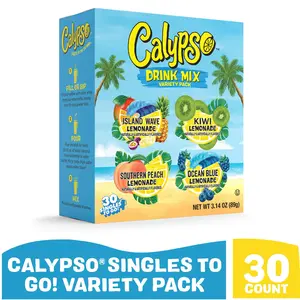 Calypso Singles To Go! Drink Mix Variety Pack – Lemonade On-the-Go Powdered Drink Mix Packets – Low Calorie Water Enhancer – Island Wave, Kiwi, Southern Peach, Ocean Blue Lemonade, 30 Count