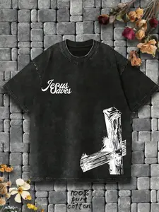 Unisex Street Style Religious Graphic Letter Print Washed Cotton Short Sleeve T-Shirt, Streetwear Casual Fashion Top for Men and Women
