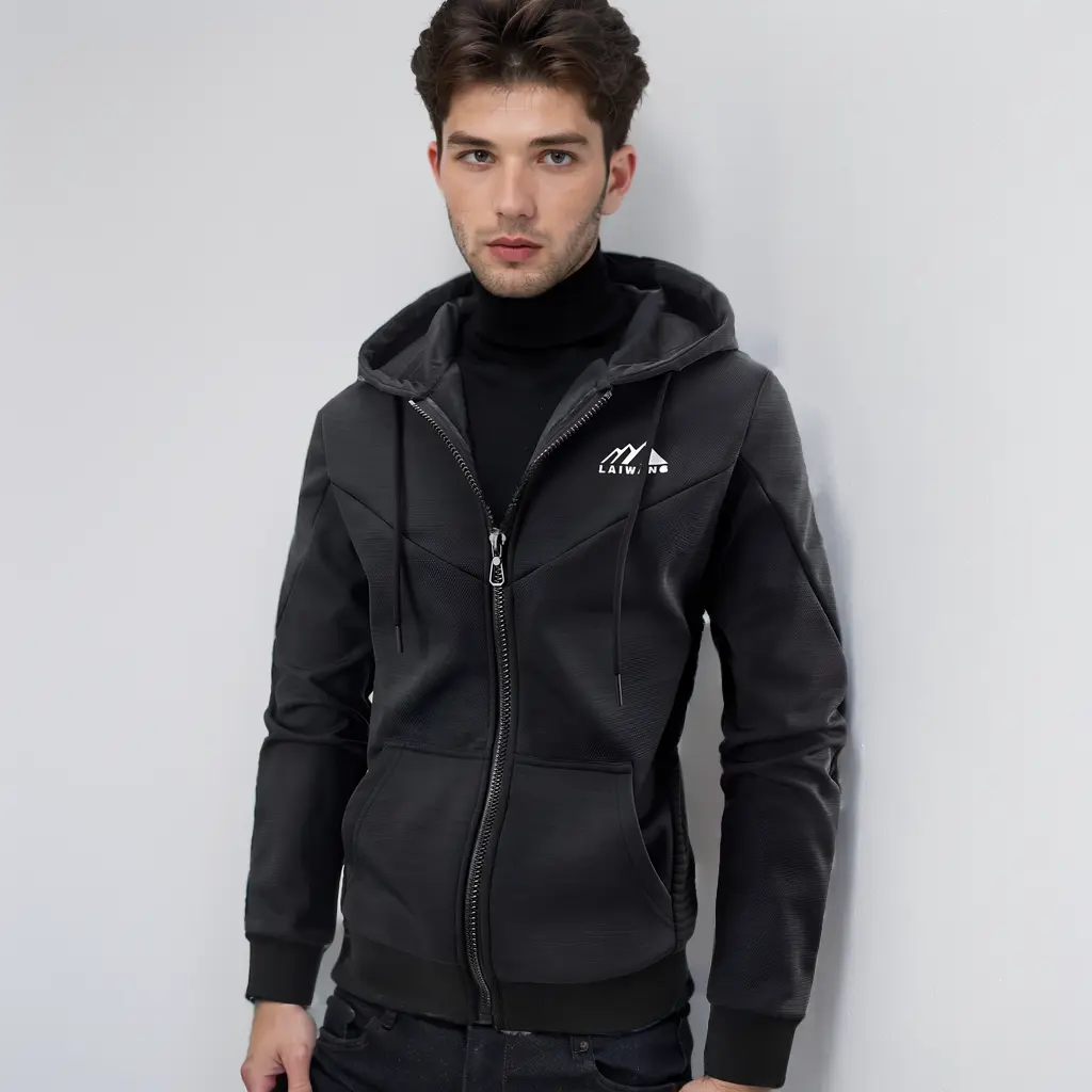 LAIWANG Men's Color Block Hoodie-Dark Black Gray-Full Zip Ultimate Heavyweight Fleece Hoodie-Camo zip up hoodie With Kanga Pocket