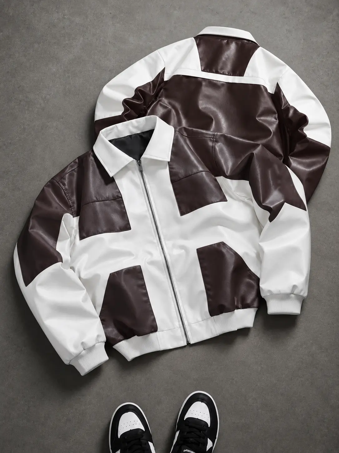 Men's Vintage Black-White Colorblock Faux Leather Zip-Up Jacket - Y2K Streetwear Moto Biker Coat, Retro Varsity Bomber, Unisex Oversized Fall Winter Trendy Outerwear, Jackets Zip Up, Statement Coat