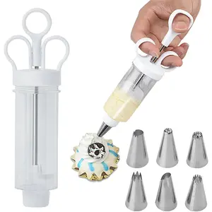 7 Pcs Cake Decorating Kit Including 1 Cake Decorating Gun And 6 Stainless Steel Piping Tips,Cupcake Injector/Decorating Icing Set,Christmas Party Gifts,Hand Tools Kits