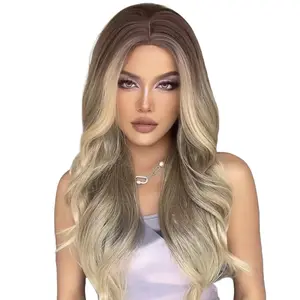 4x1 Long Wave Blonde And Brown Lace Front Wigs Long Wavy Blonde And Brown Highlight From Deep To Light Heat Resistant Fiber Hair For Women For Christmas Halloween 26 Inch