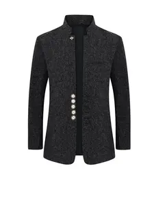 Men's Solid Color Button Pocket Blazer, Regular Fit Formal Business Stand Collar Long Sleeve Outerwear for Spring & Fall, National Day Clothing, Fashion Men's Clothing for Work Office Business