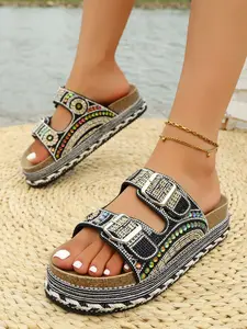 Summer New Ethnic Style Vacation Glitter Decorated Sandals, Soft Sole Height-Boosting Versatile Lazy Wear Platform Shoes, Adjustable Strap, Multiple Colors Available