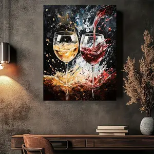 1pc Art Deco Style Canvas Wall Art - Two Glasses of Red & White Wine with Splashing Paint Design, High-Quality Printed Poster, Elegant Wooden Frame Home Office Decor for Living Room, Bedroom, Kitchen