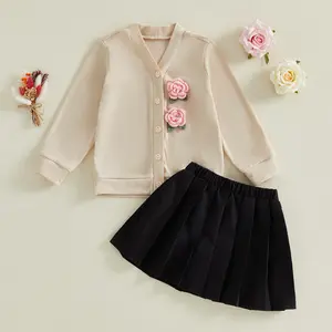 Toddler Girl Fall Outfit Crochet 3D Flowers Long Sleeve Knitted Cardigan and Pleated Skirt for Spring 2 Piece Clothes