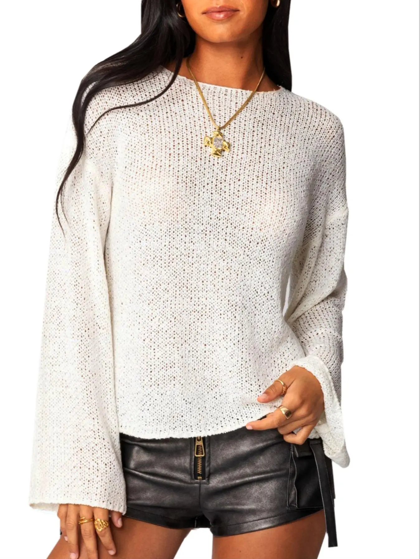 Navneet Women Boat Neck Sheer Sweater Top Long Sleeve Lightweight Knit Pullover See Through Poncho Shirt Soft Layering Top Elegant Y2K Fashion Trendy Coquette Style Casual Chic Streetwear for Party Club Date Night Vacation Fall Winter Aesthetic Beach