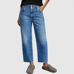 Flamingal Wash Raw Hem Dual Button High Rise Straight Leg Jeans