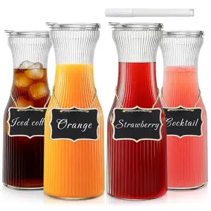 1L Glass Water Kettle with Lid, 1/2/4 Set, Ideal for Succulent Bars, Brunches, Parties, Drinks, Cold Brew Coffee, Milk, Iced Tea, Lemonade