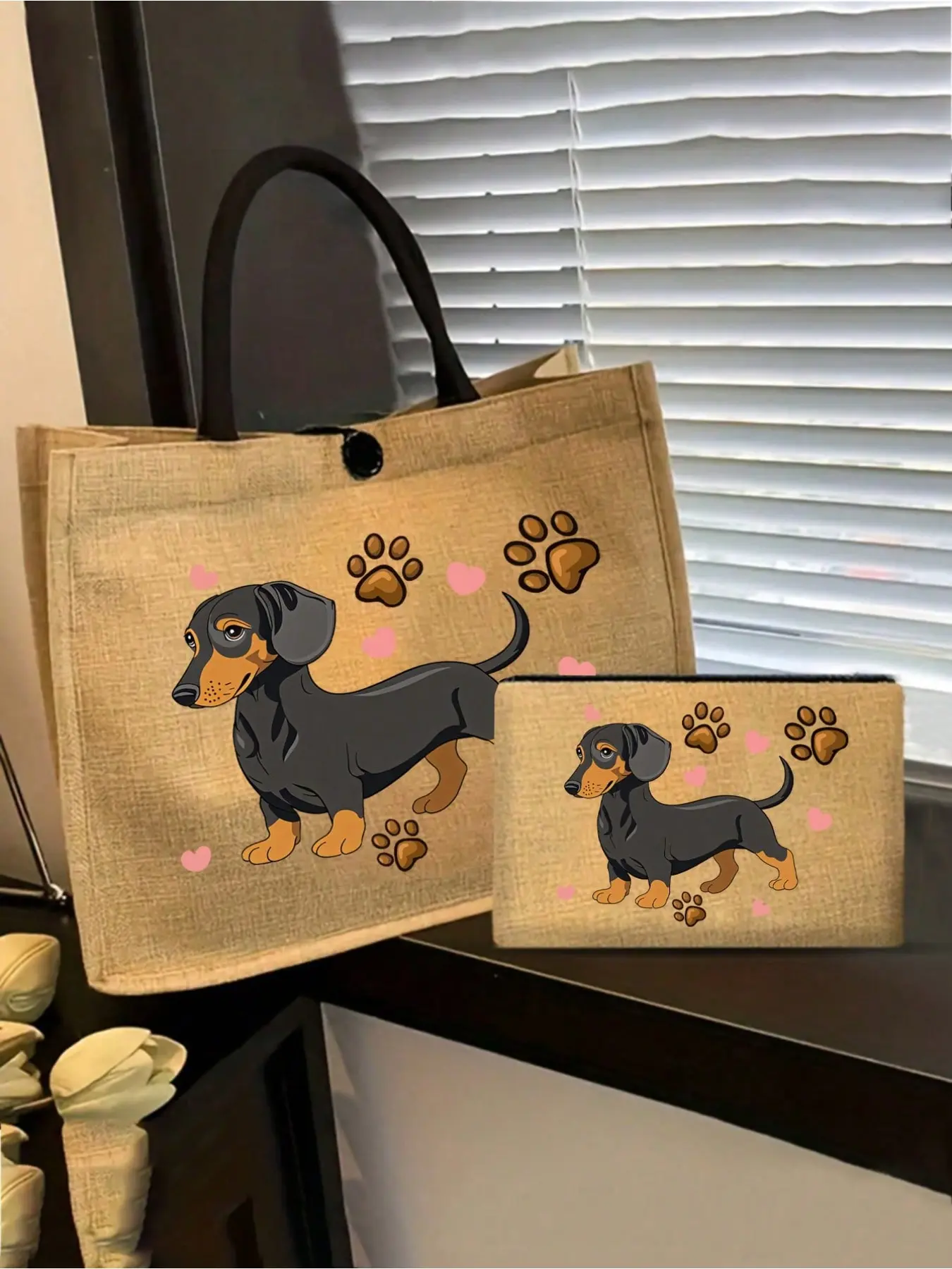 Dachshund text print tote bag, Dachshund decorated shoulder bag and matching small bag, coin purse, storage bag, large-capacity tote bag, multi-functional shopping bag, luggage bag for short trips and business travel, book tote bag