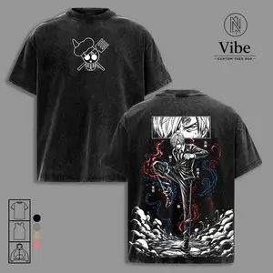 Sanji One Piece Vintage Washed Graphic T Shirt, Black Leg Anime Tee, Straw Hat Pirates Heavy Cotton Manga Streetwear Shirt for Anime Fans