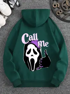Men's 2-Piece Hooded Jacket & Pants Clothes Set - Long Sleeve, Loose, Oversized Menswear with Bold Bandana-Wearing Skull Graphic, Thumbs-Up Gesture, Playful "Call Me" Text for Confident Urban Look